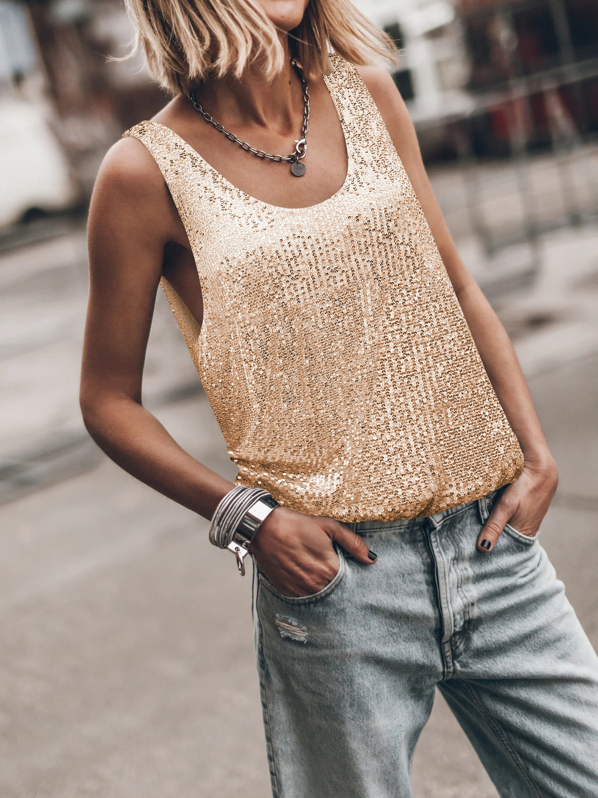 Sequin Tank Top With Scoop Neckline - Golden - 2