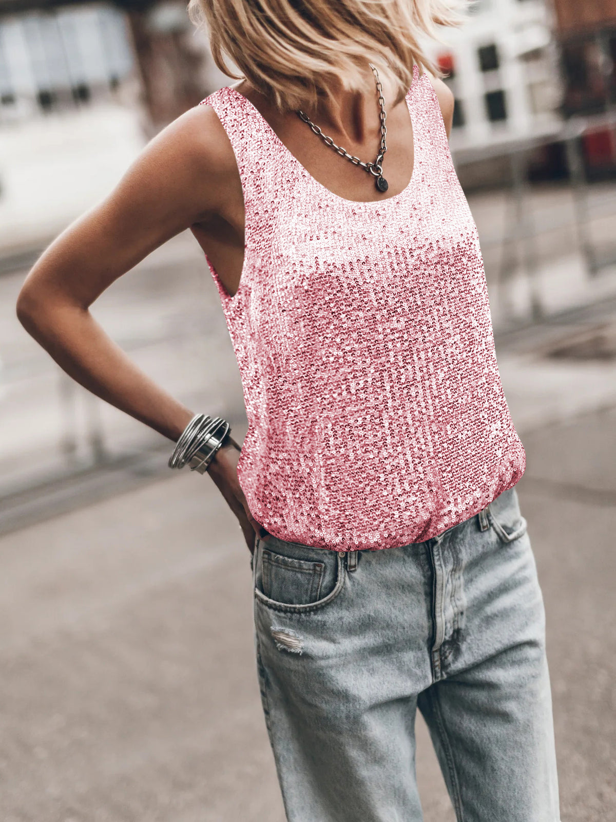 Sequin Tank Top With Scoop Neckline - Pink - 2