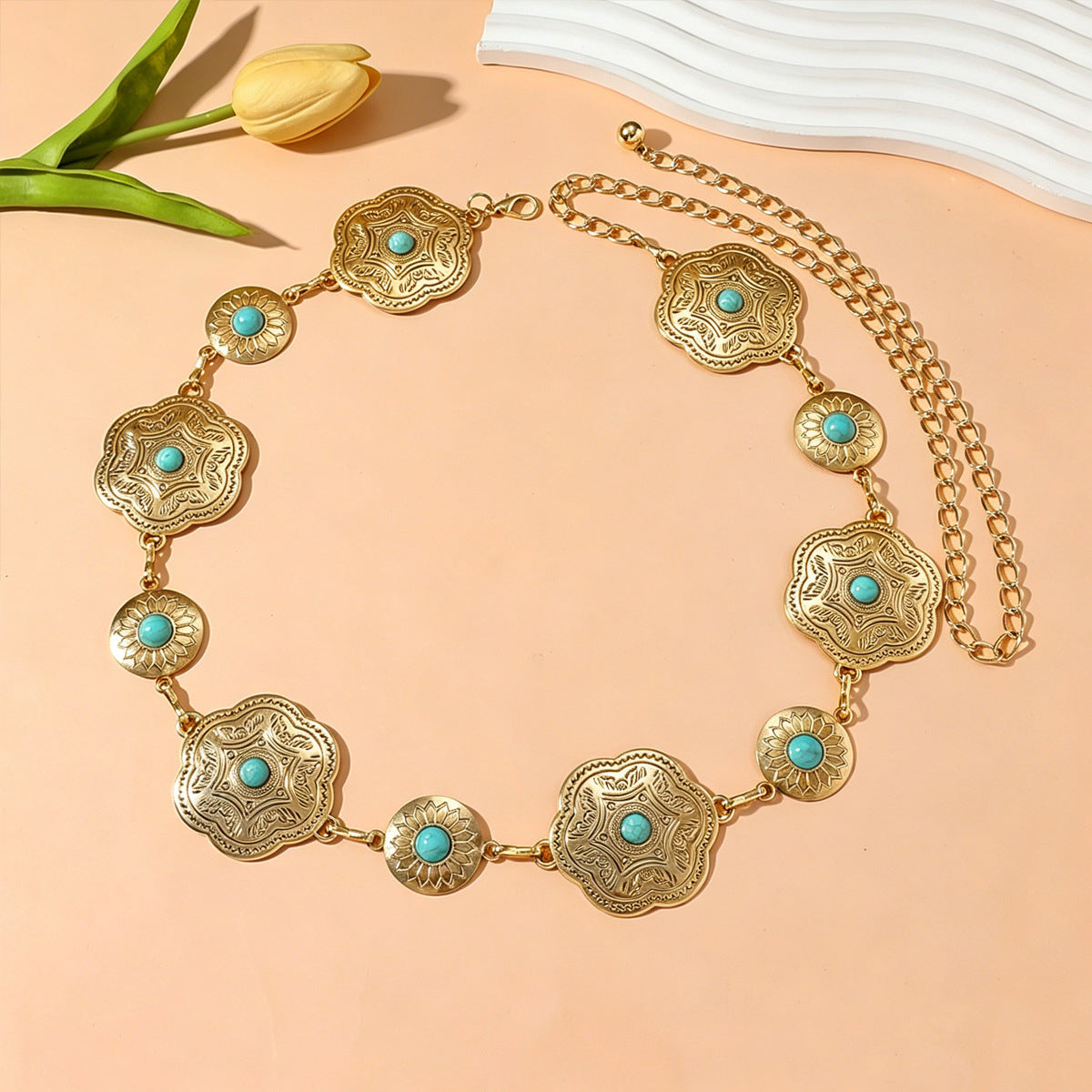 Scalloped Flower Concho Stone Inlay Waist Chain Belt - Gold - 1