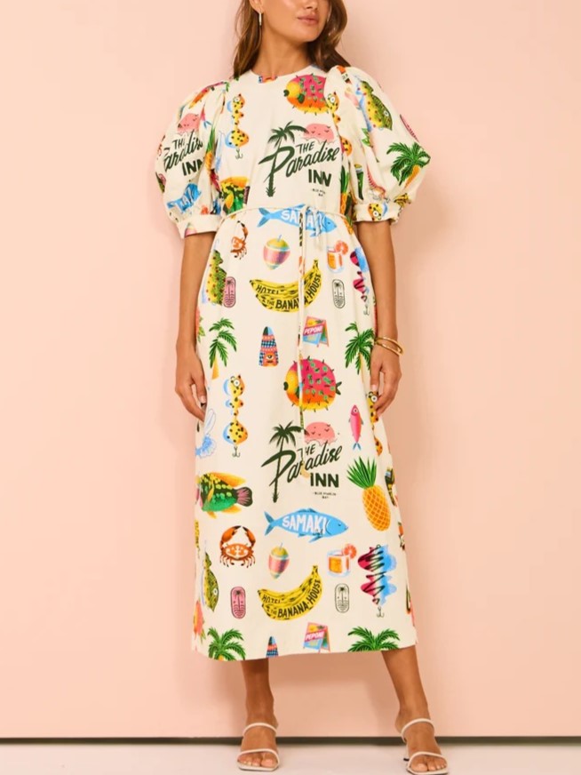 Tropical Print Puff Sleeve Slit Midi Dress - Off White