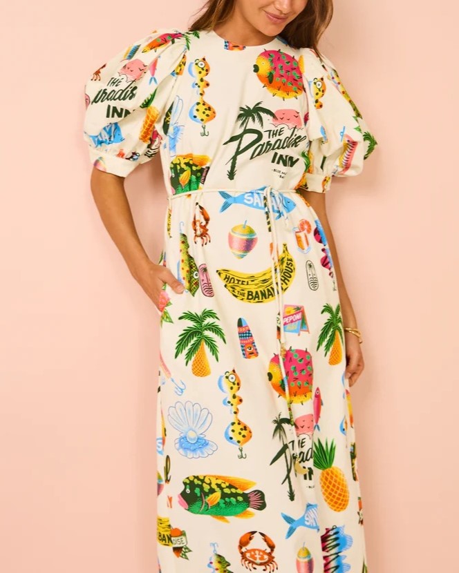 Tropical Print Puff Sleeve Slit Midi Dress - Off White - 1