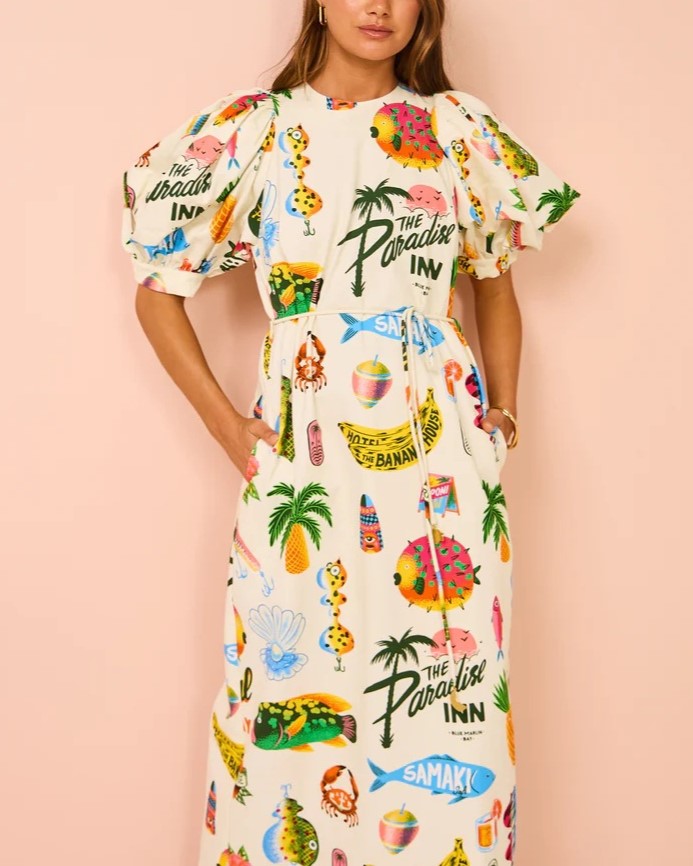 Tropical Print Puff Sleeve Slit Midi Dress - Off White - 2