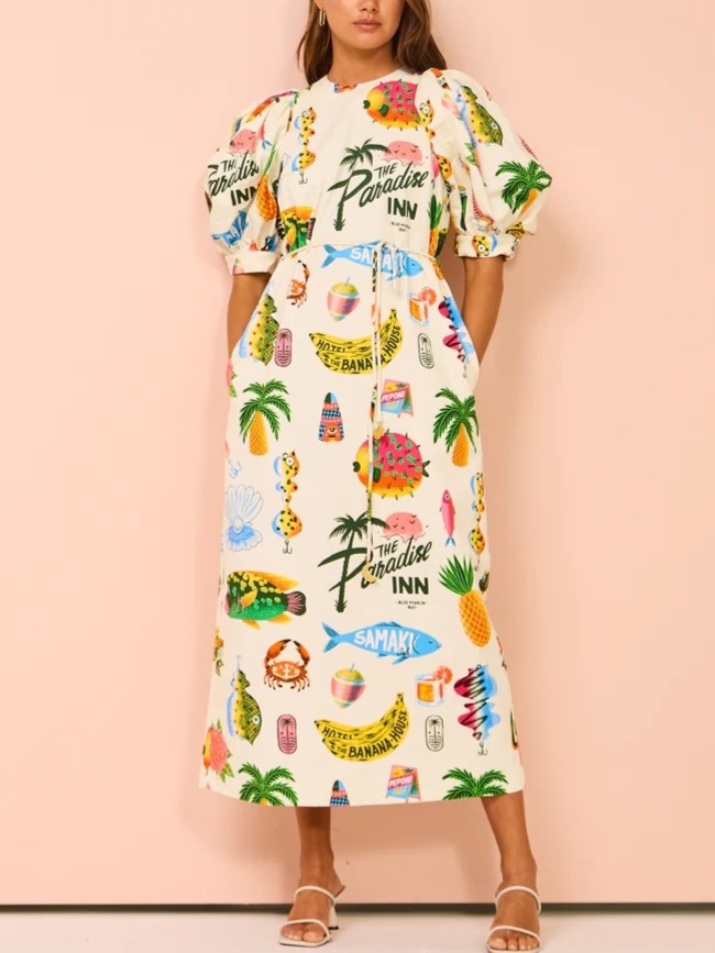 Tropical Print Puff Sleeve Slit Midi Dress
