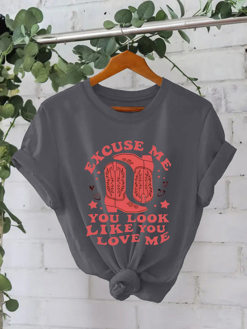 Retro Slogan Cowboy Boot Graphic Tee - Darkgrey