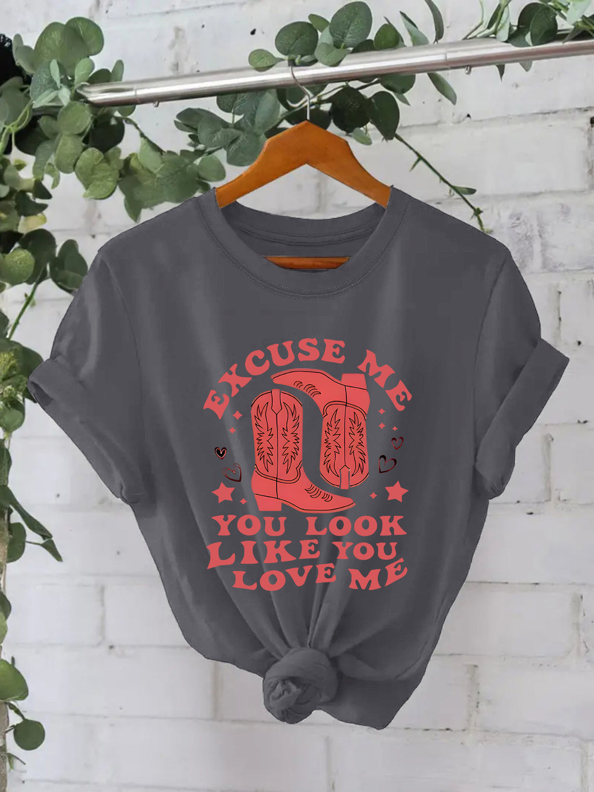 Retro Slogan Cowboy Boot Graphic Tee - Darkgrey