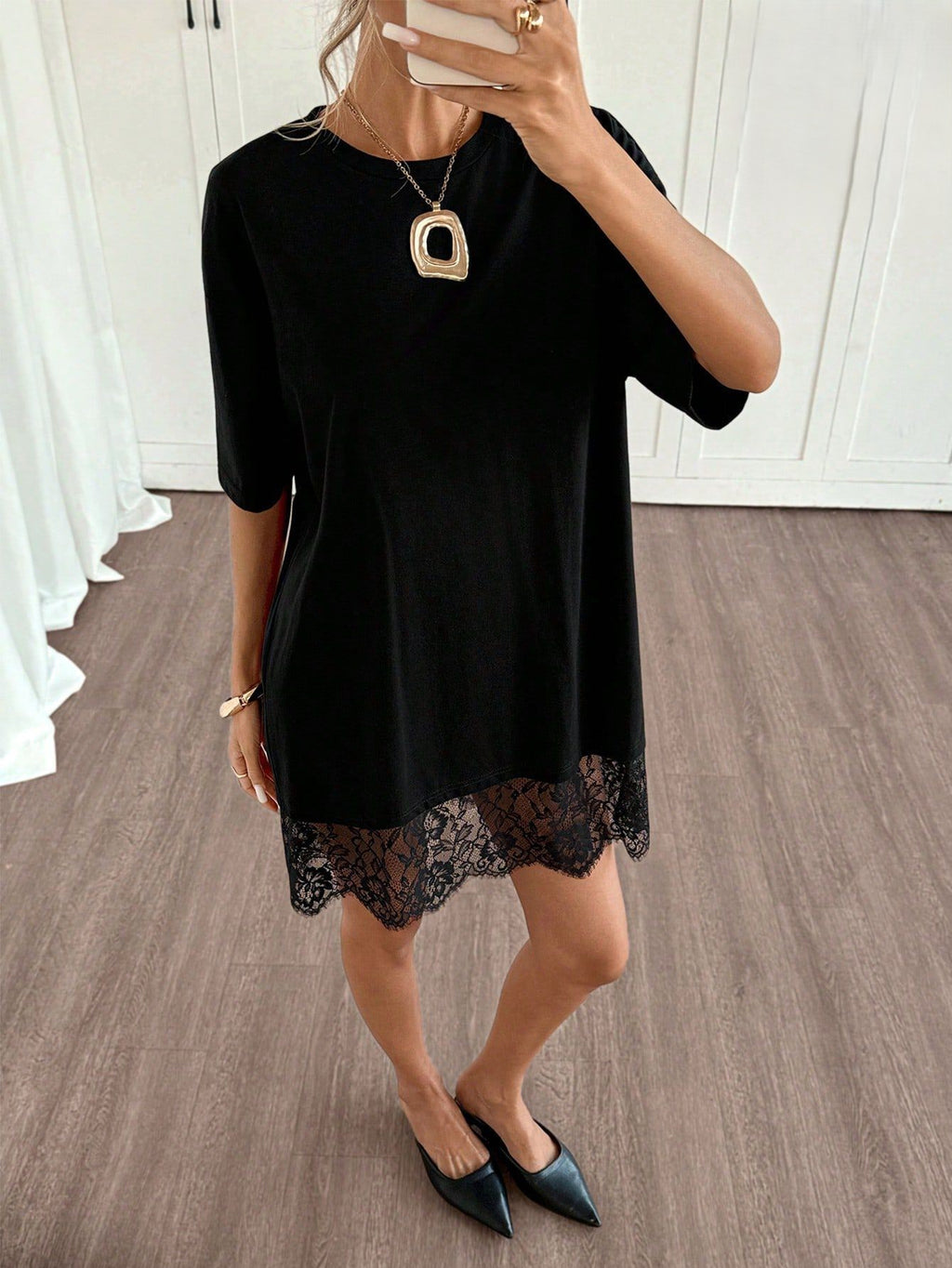 Eyelash Lace Hem Mini Tee Dress - Black
