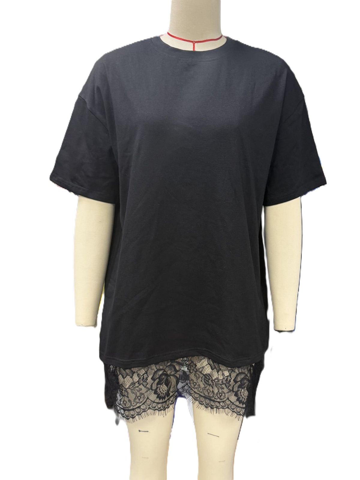 Eyelash Lace Hem Mini Tee Dress - Black - 1