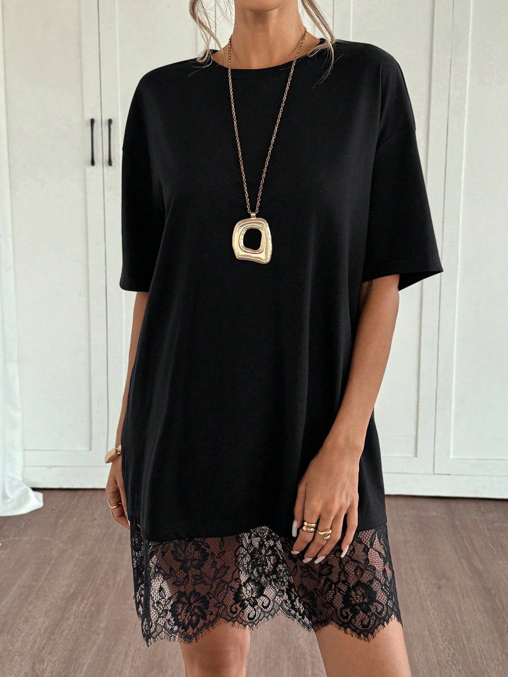 Eyelash Lace Hem Mini Tee Dress - Black - 3