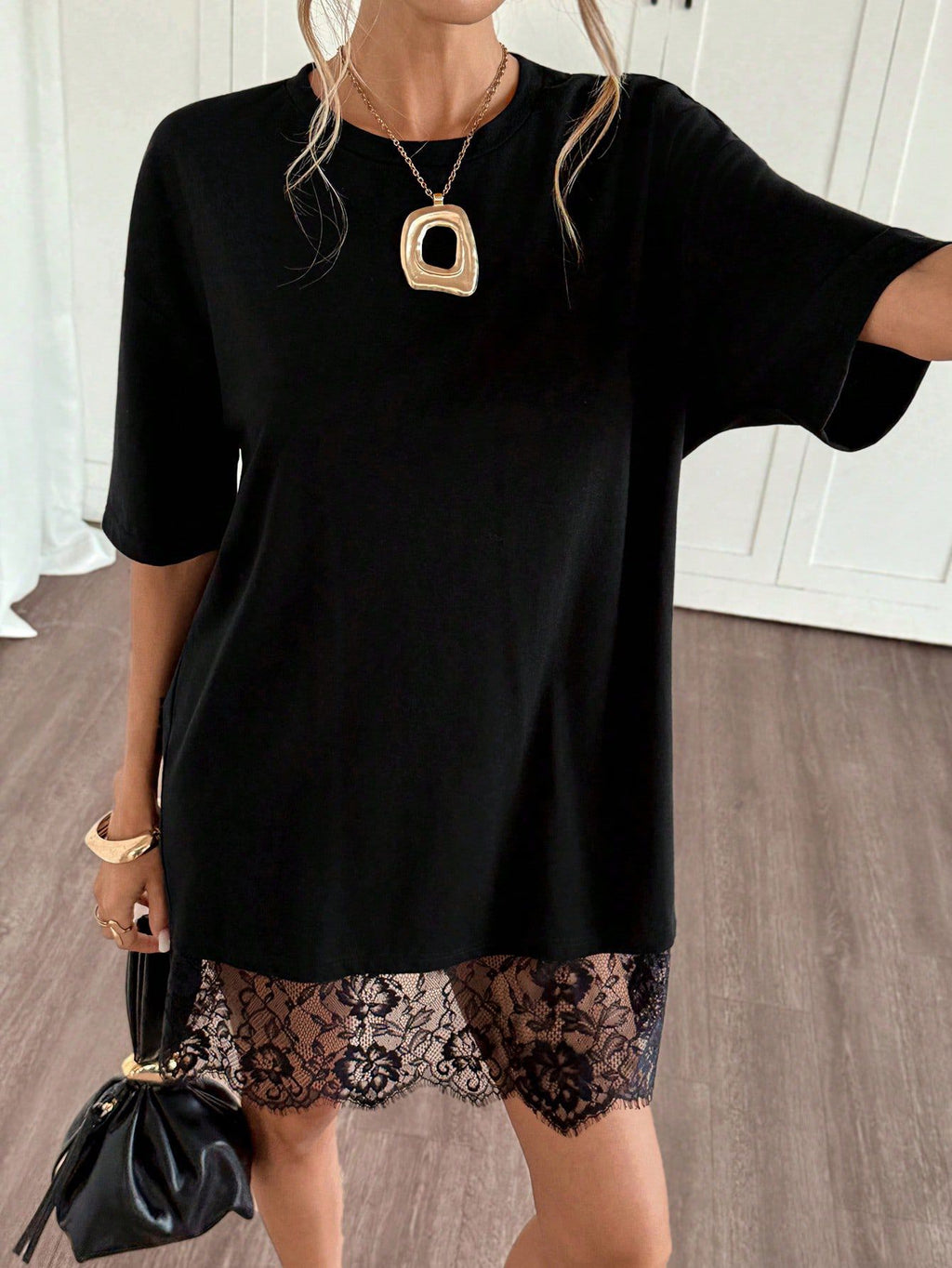 Eyelash Lace Hem Mini Tee Dress - Black - 4