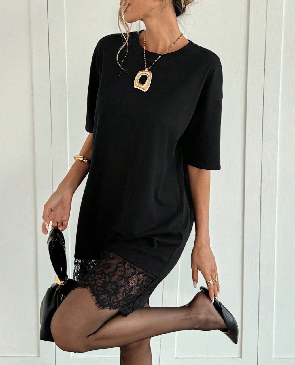 Eyelash Lace Hem Mini Tee Dress - Black - 5