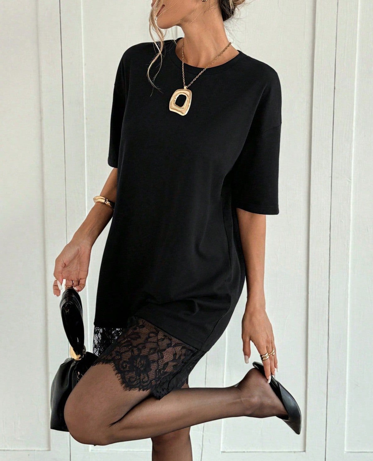 Eyelash Lace Hem Mini Tee Dress - Black - 5