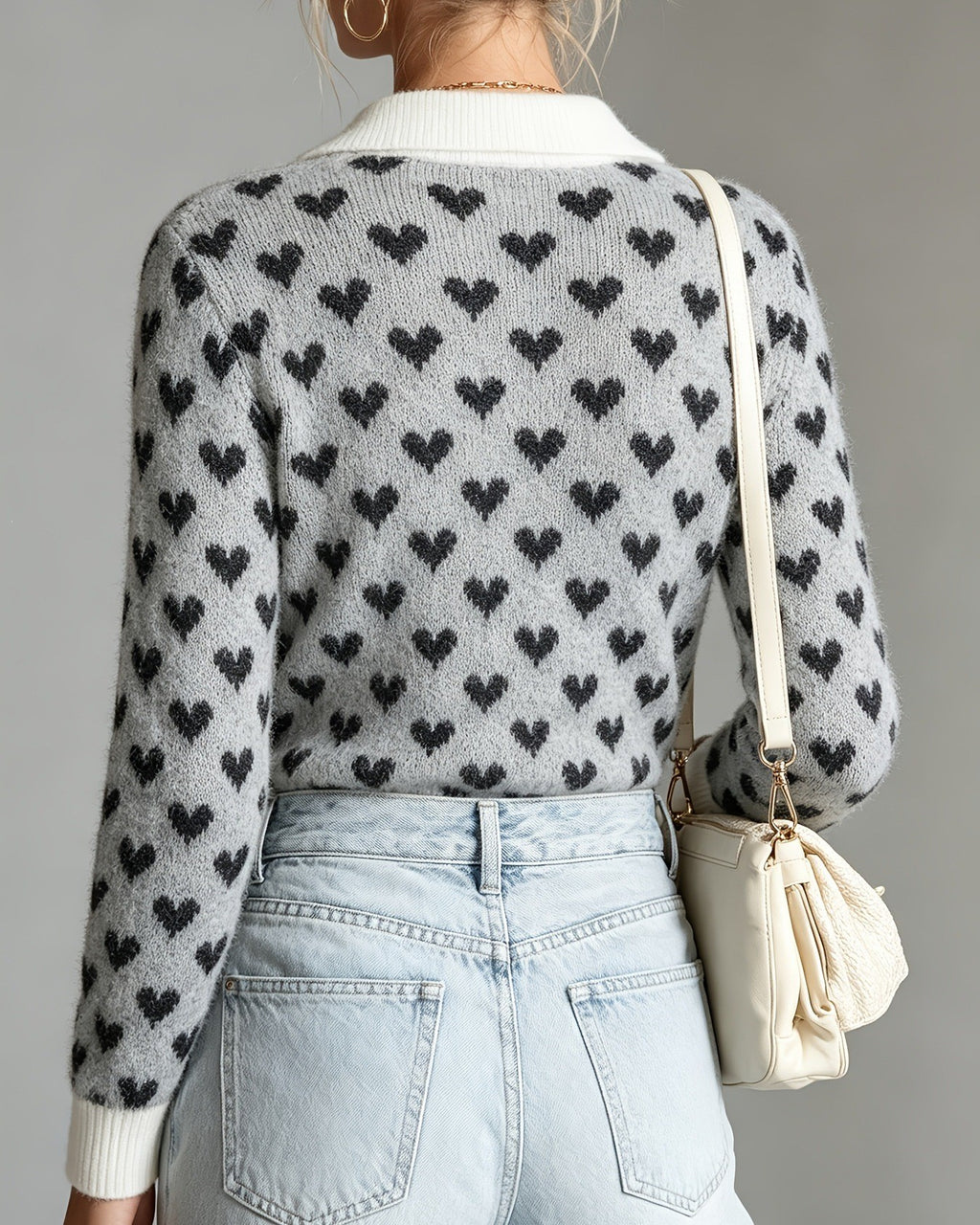 Heart Jacquard Collared Knit Sweater - Black - 2