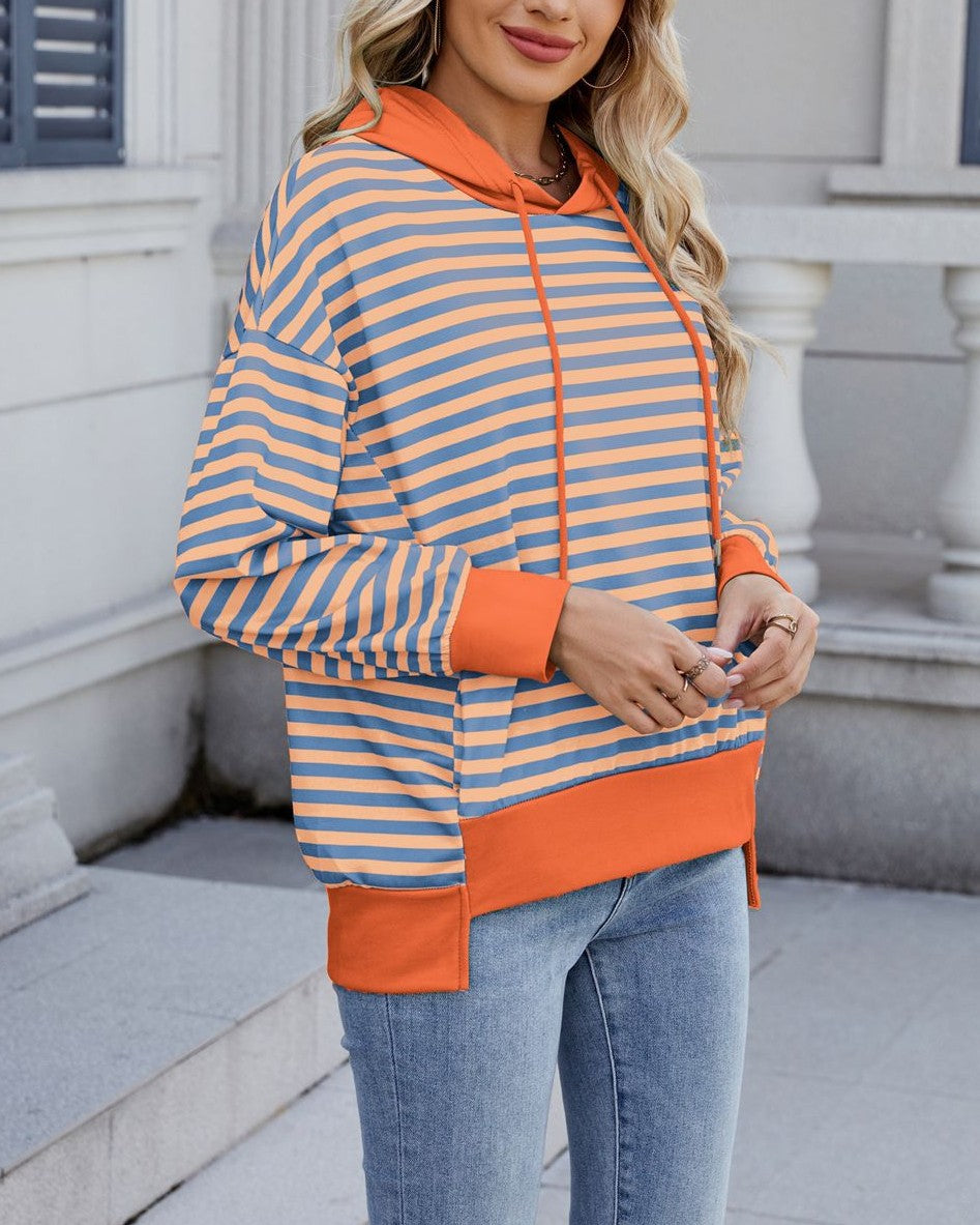 Striped Colorblock Kangaroo Pocket Hoodie - Orange