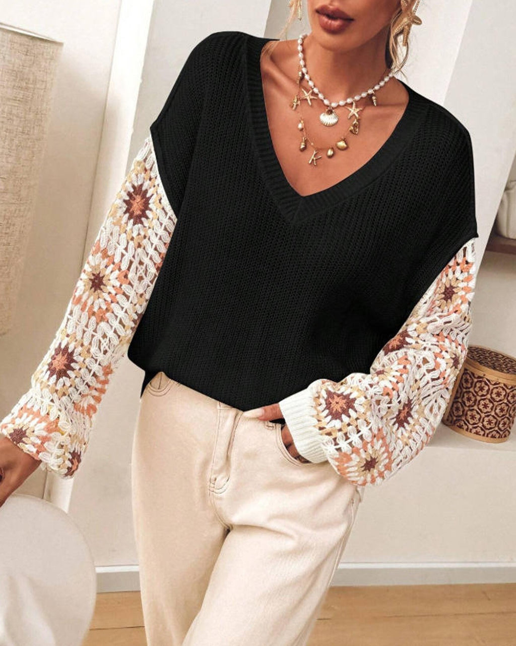 Crochet Granny Square Sleeve V Neck Sweater - Black - 1