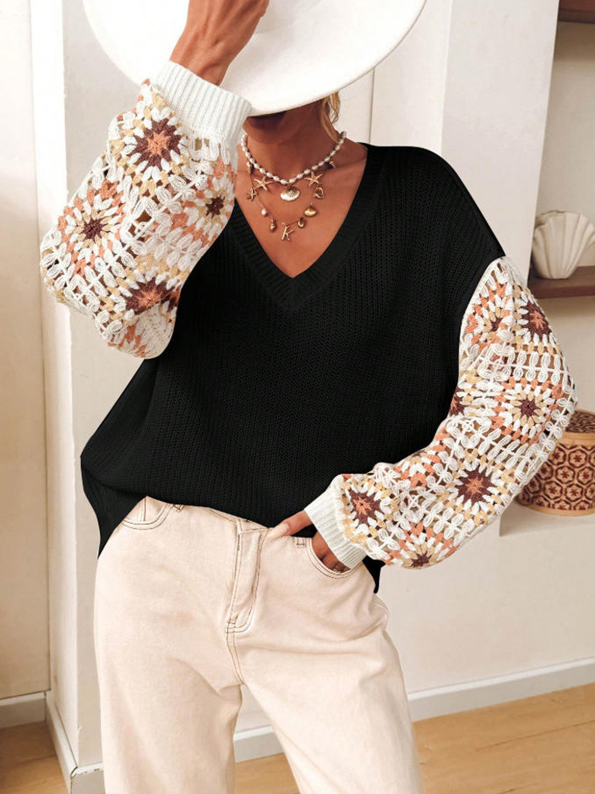 Crochet Granny Square Sleeve V Neck Sweater - Black - 2