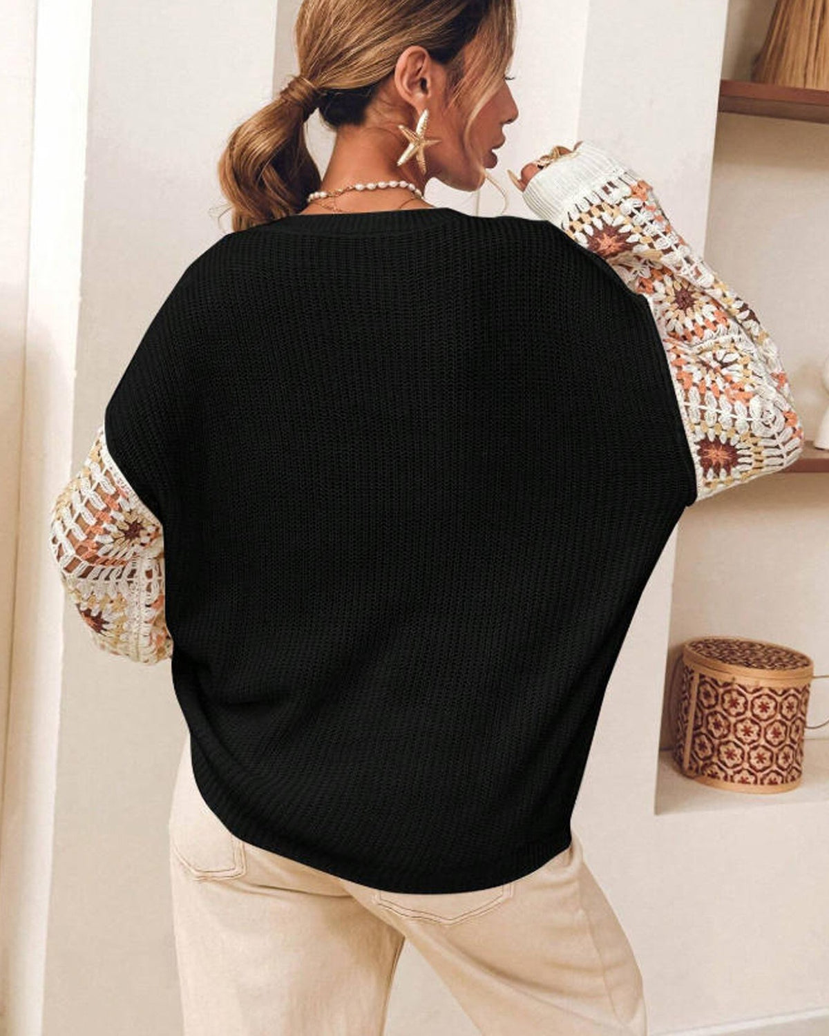 Crochet Granny Square Sleeve V Neck Sweater - Black - 3