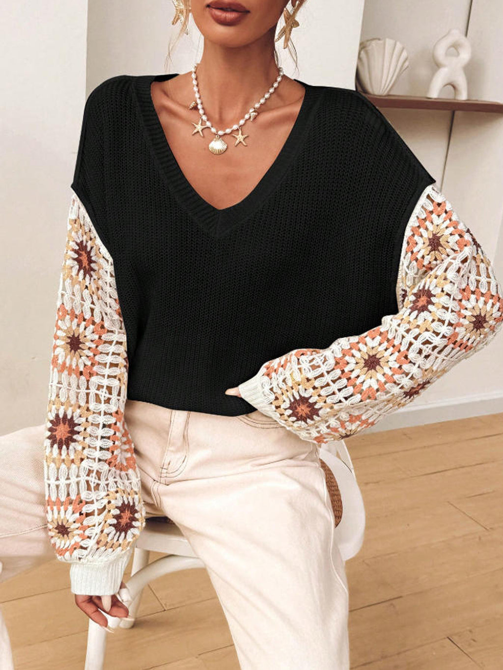 Crochet Granny Square Sleeve V Neck Sweater - Black - 4