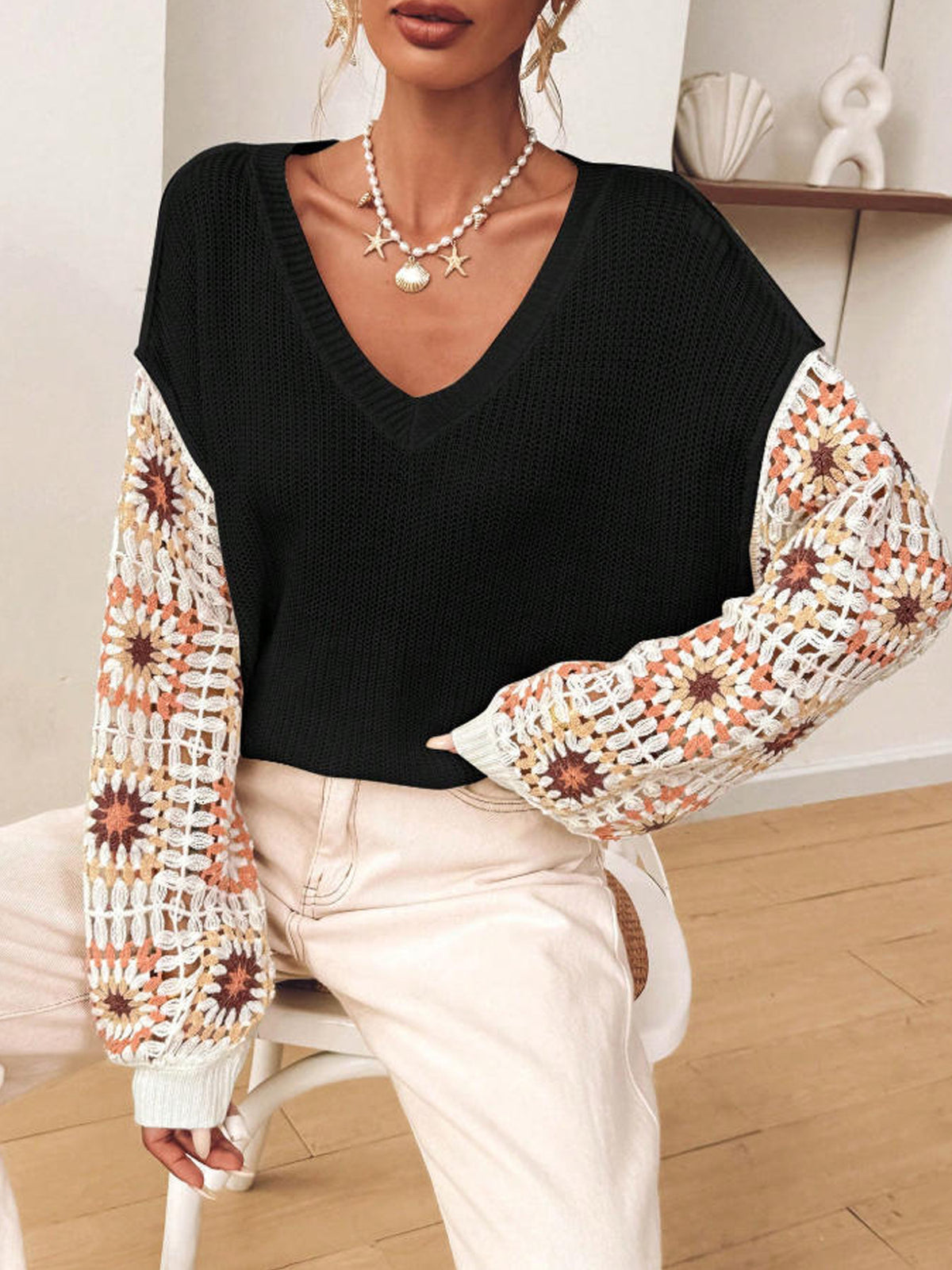 Crochet Granny Square Sleeve V Neck Sweater - Black - 4