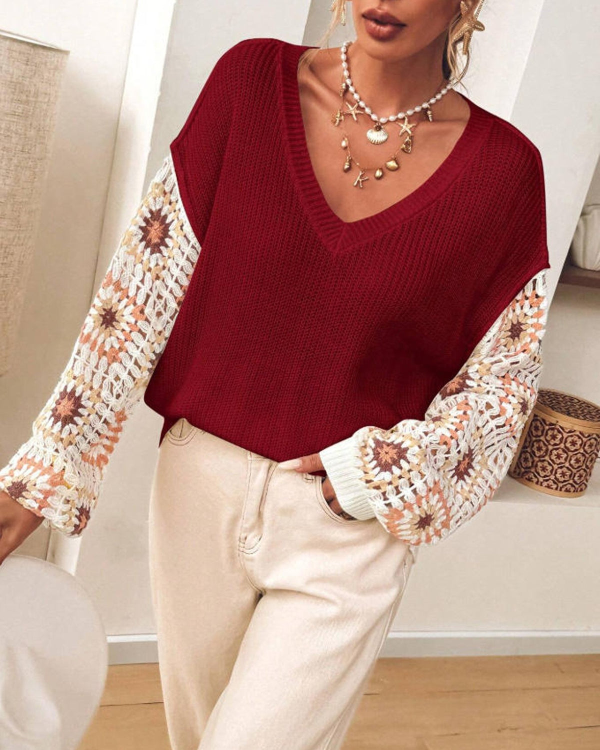 Crochet Granny Square Sleeve V Neck Sweater - Red