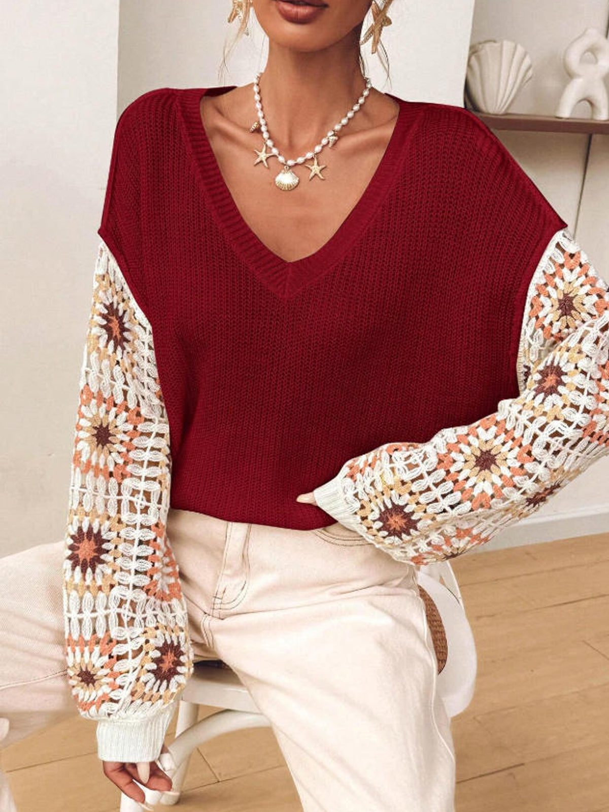 Crochet Granny Square Sleeve V Neck Sweater - Red - 1