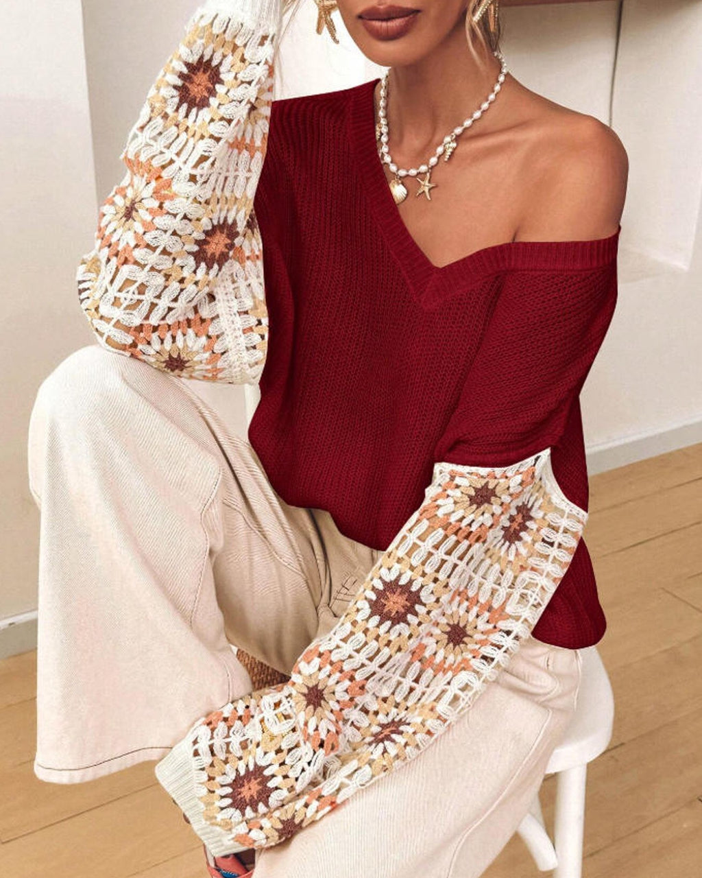 Crochet Granny Square Sleeve V Neck Sweater - Red - 2