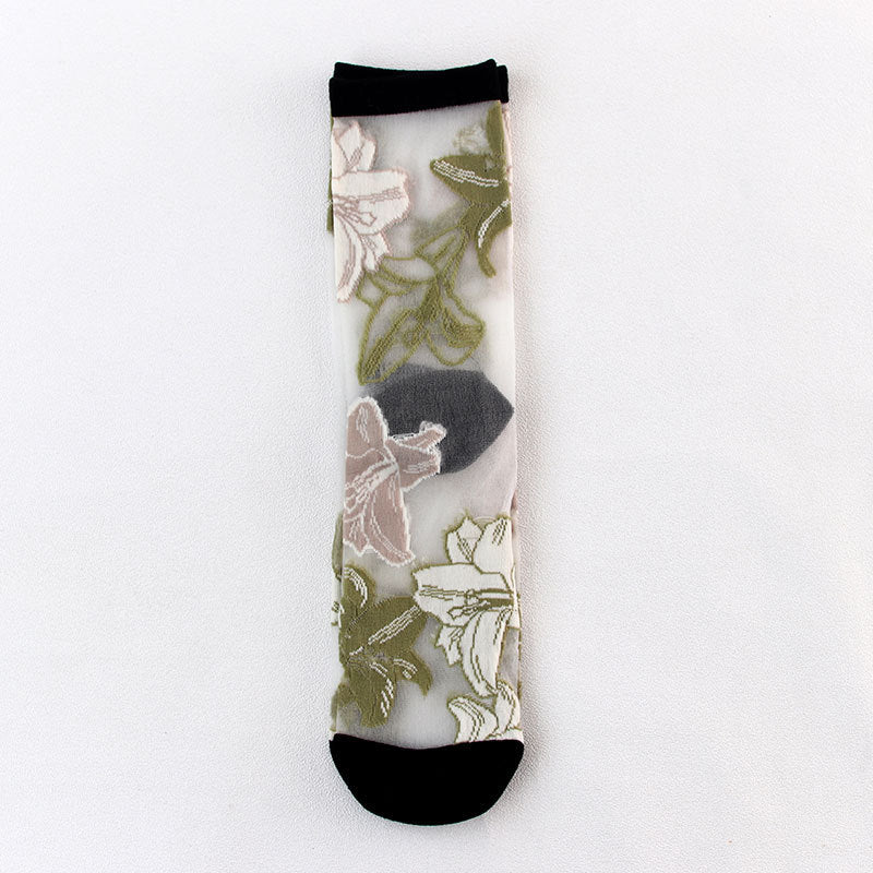 Floral Embroidered Sheer Mesh Socks - Black