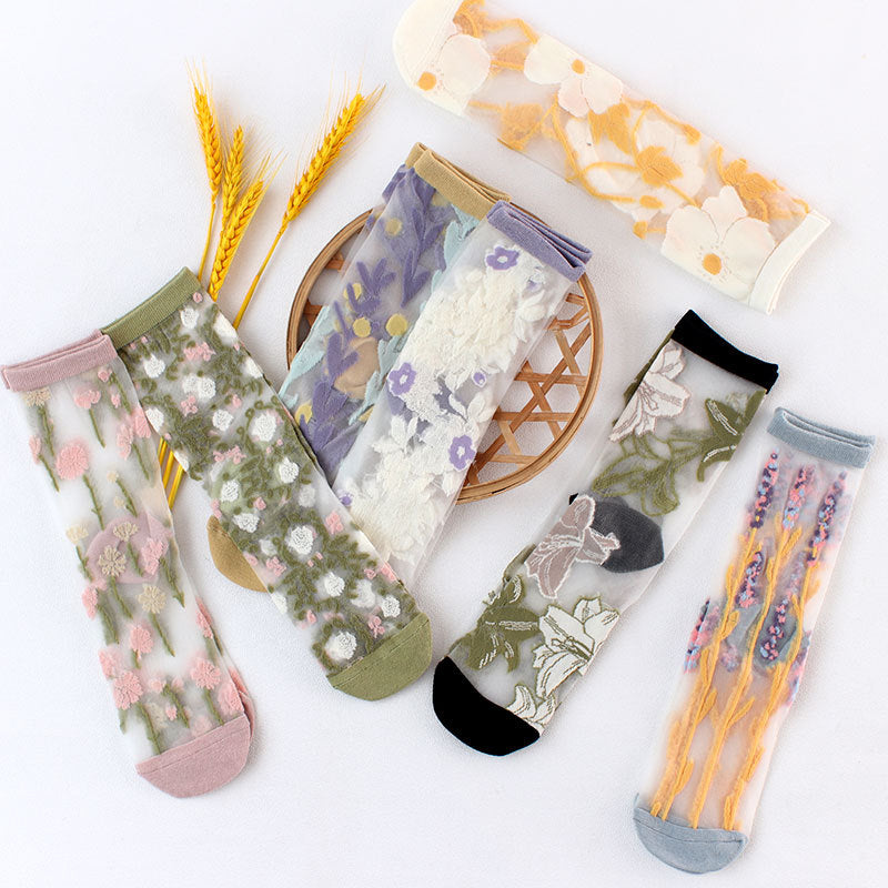 Floral Embroidered Sheer Mesh Socks - Blue