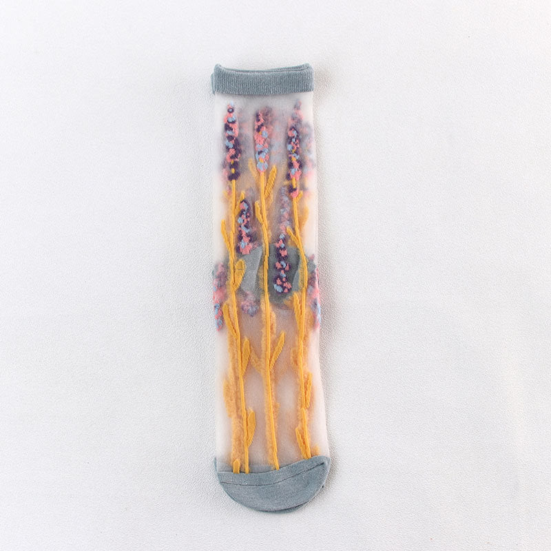 Floral Embroidered Sheer Mesh Socks - Blue - 1