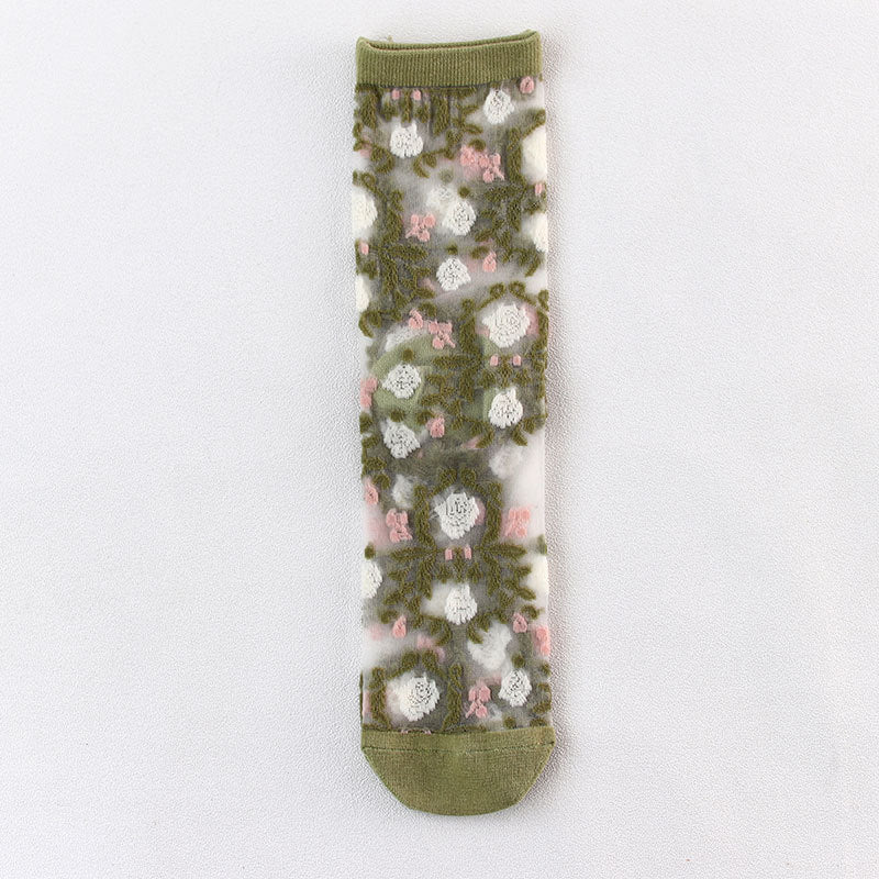Floral Embroidered Sheer Mesh Socks - Green