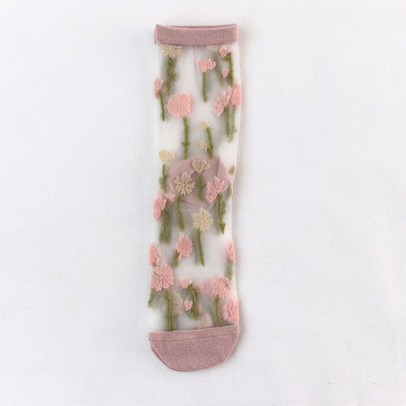 Floral Embroidered Sheer Mesh Socks - Pink