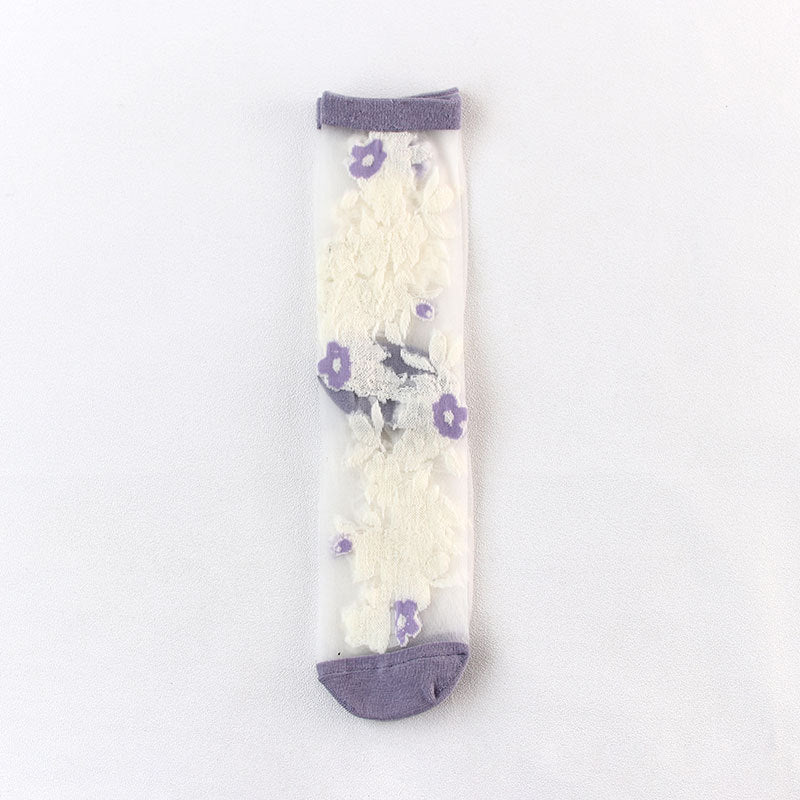 Floral Embroidered Sheer Mesh Socks - Purple