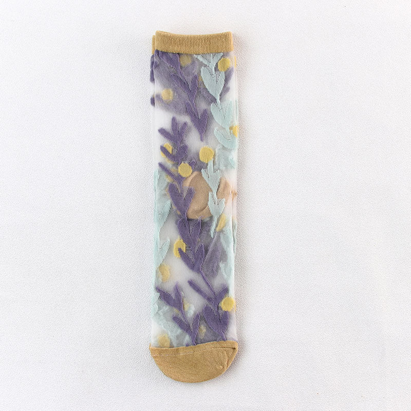 Floral Embroidered Sheer Mesh Socks - Yellow