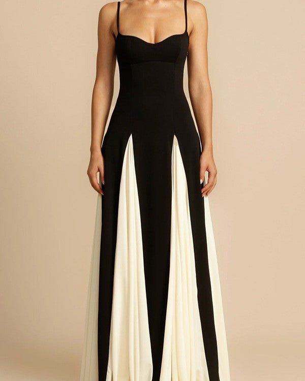 Sweetheart Contrast Panel Maxi Dress - Black - 1