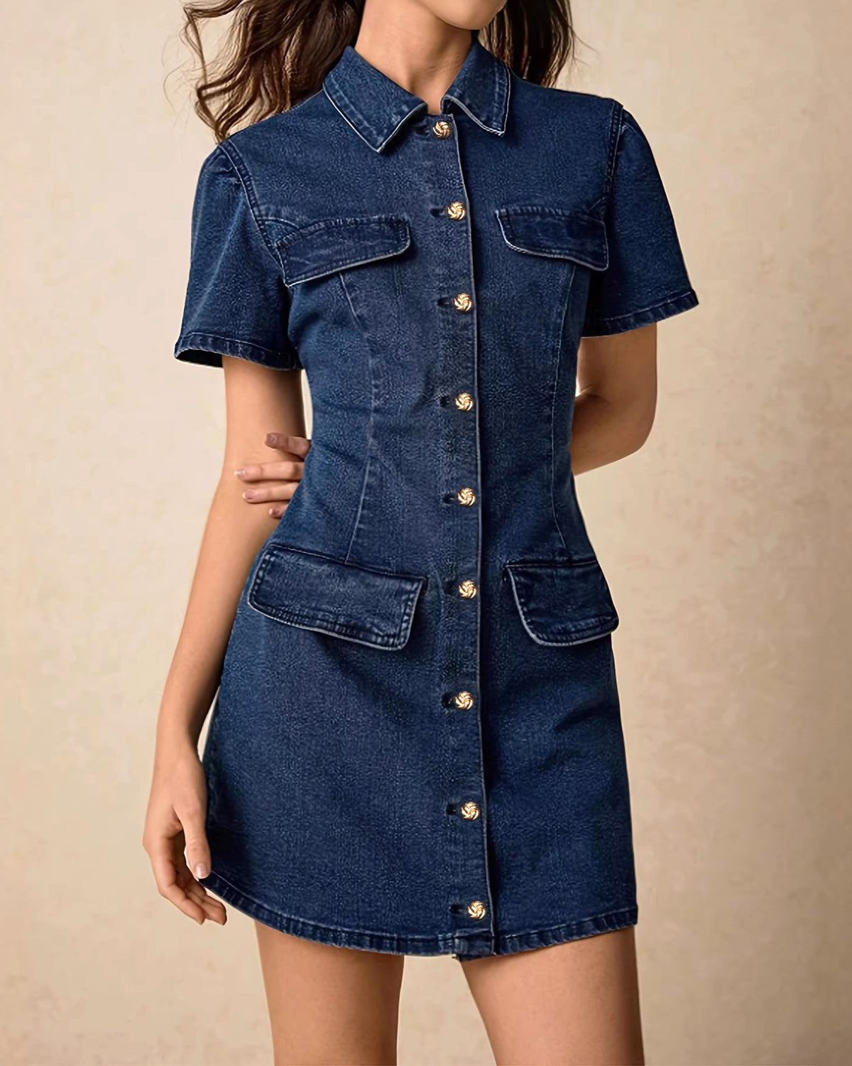 Denim Mini Shirt Dress With Patch Pockets - DarkBlue