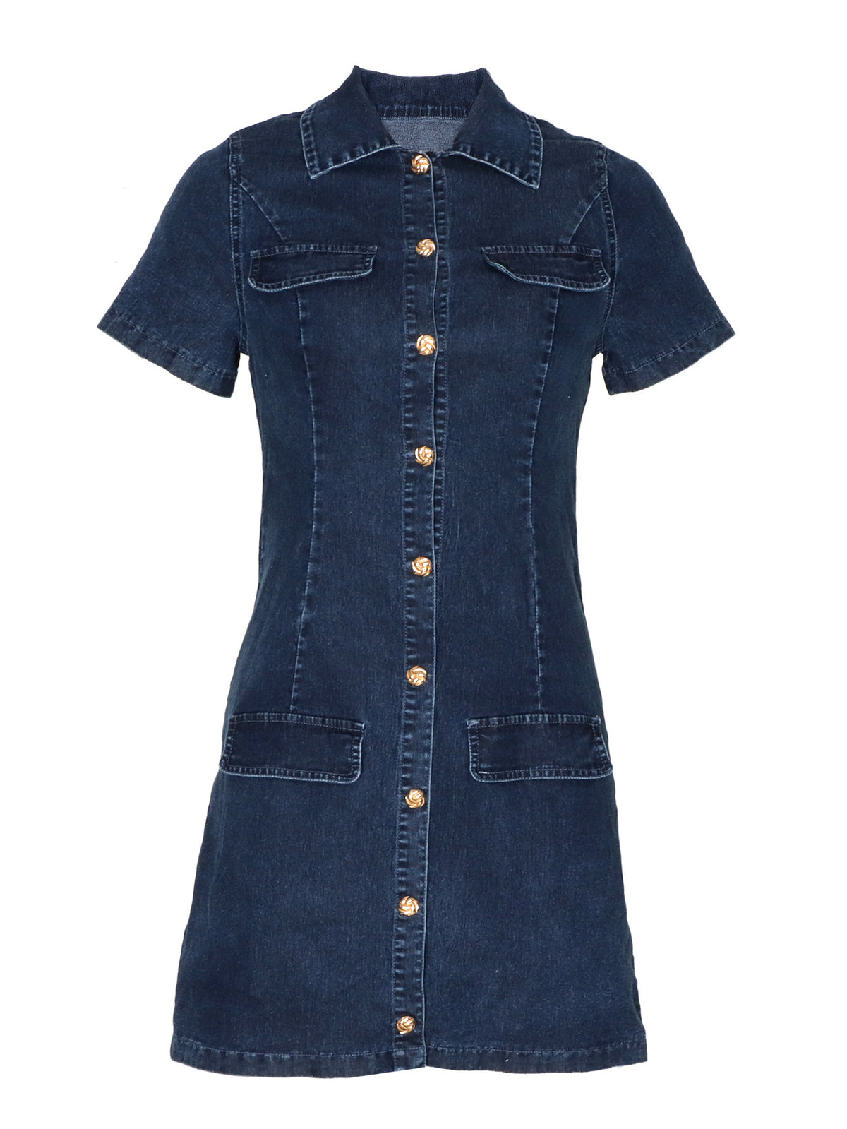 Denim Mini Shirt Dress With Patch Pockets - DarkBlue - 1