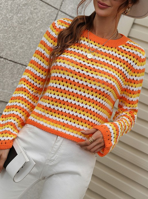 Striped Open Crochet Knit Pullover Sweater - Orange