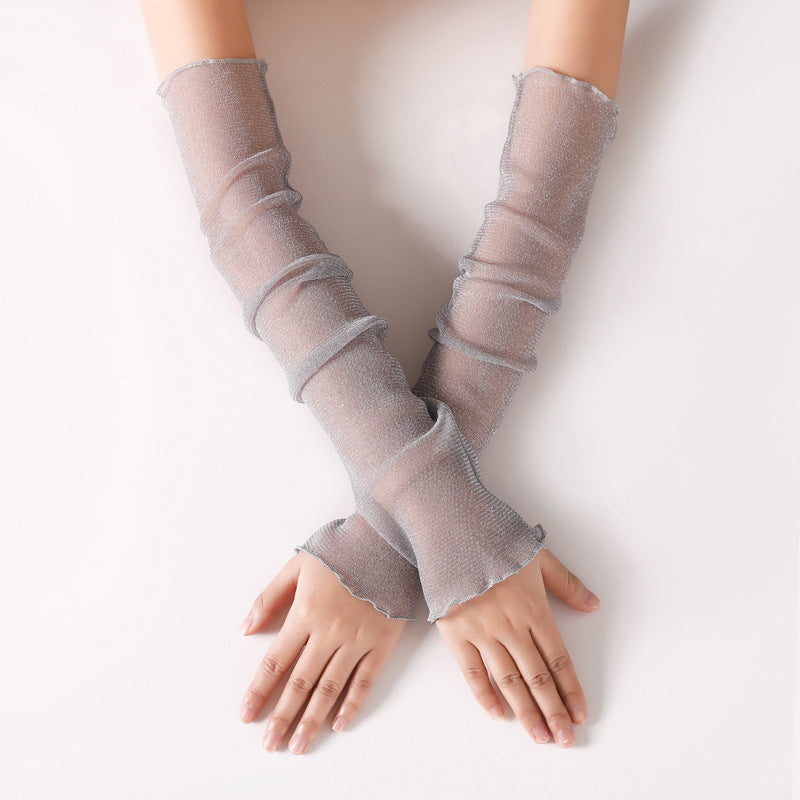 Sheer Mesh Fingerless Arm Sleeve Gloves - Gray