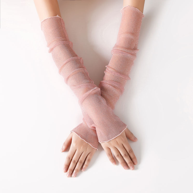 Sheer Mesh Fingerless Arm Sleeve Gloves - Pink