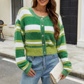Eyelash Knit Striped Cropped Button Cardigan - Green