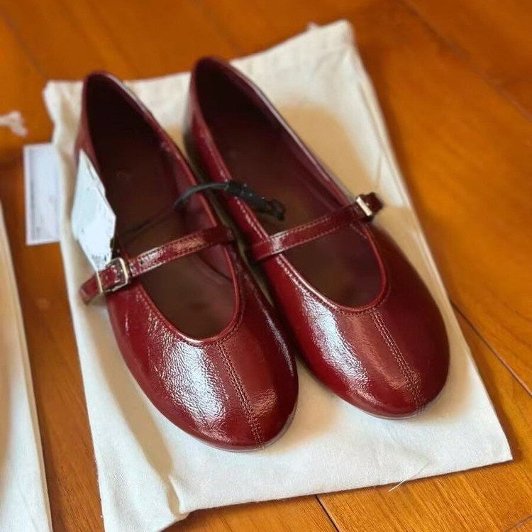 Burgundy Patent Buckle Strap Mary Jane Flats