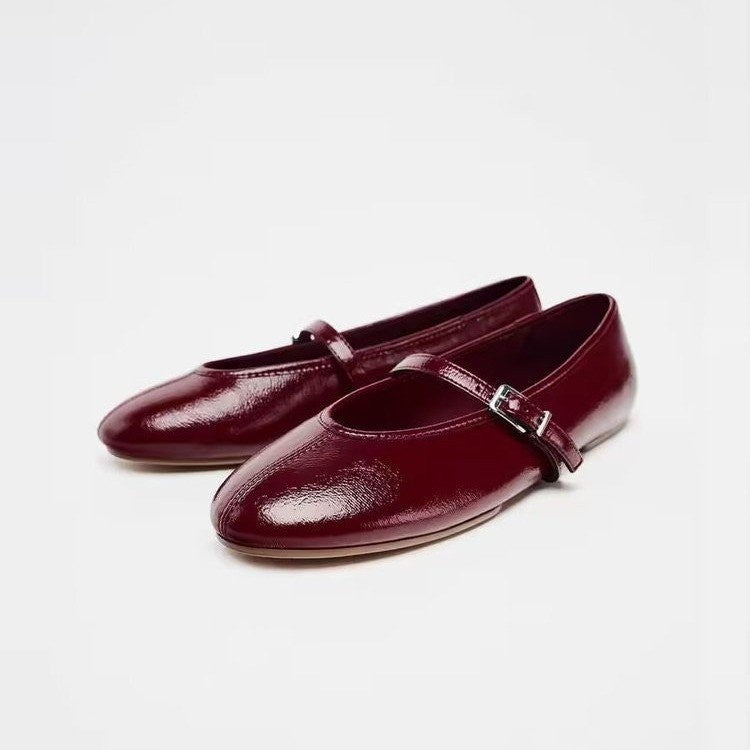 Burgundy Patent Buckle Strap Mary Jane Flats