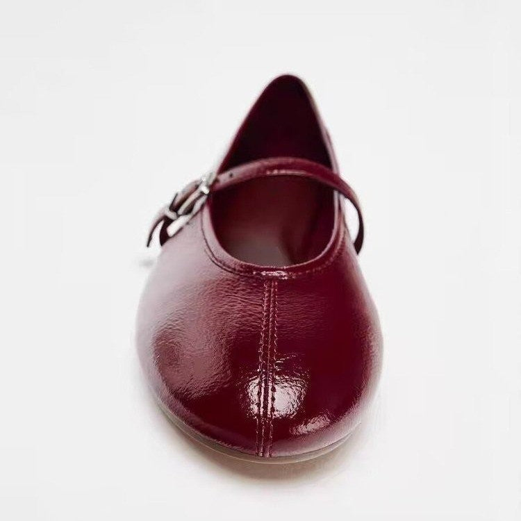 Burgundy Patent Buckle Strap Mary Jane Flats