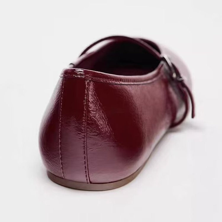Burgundy Patent Buckle Strap Mary Jane Flats