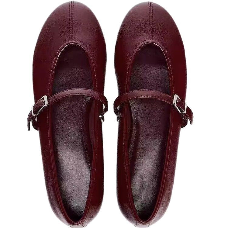 Burgundy Patent Buckle Strap Mary Jane Flats