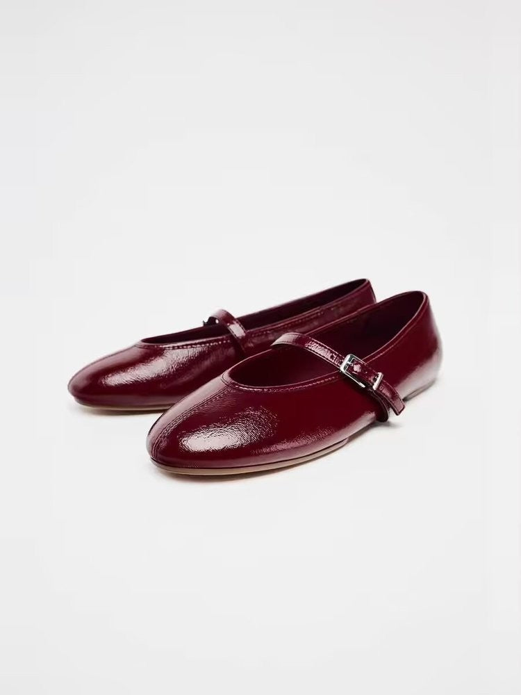 Burgundy Patent Buckle Strap Mary Jane Flats