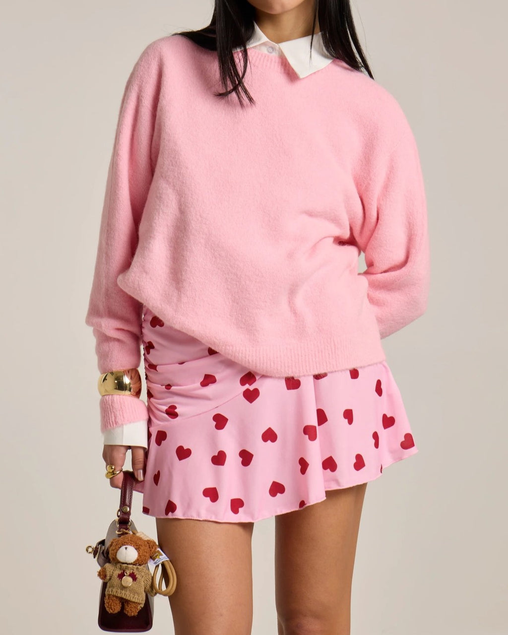 Heart Print Ruched Ruffle Mini Skirt - Pink