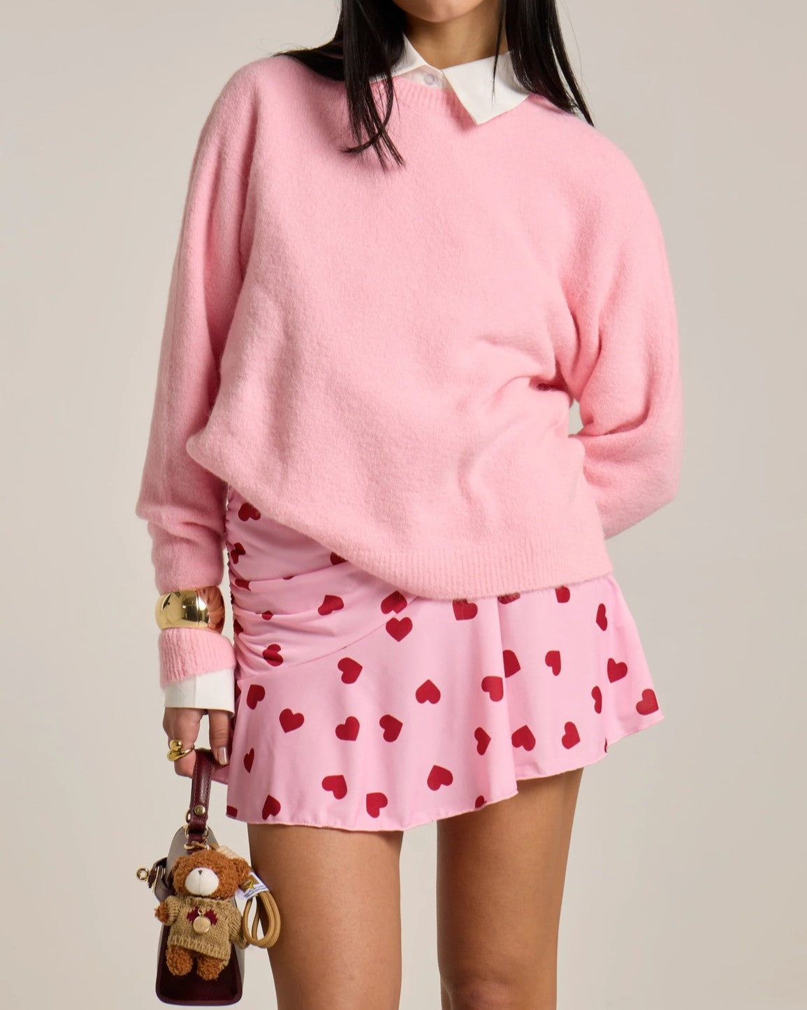 Heart Print Ruched Ruffle Mini Skirt - Pink
