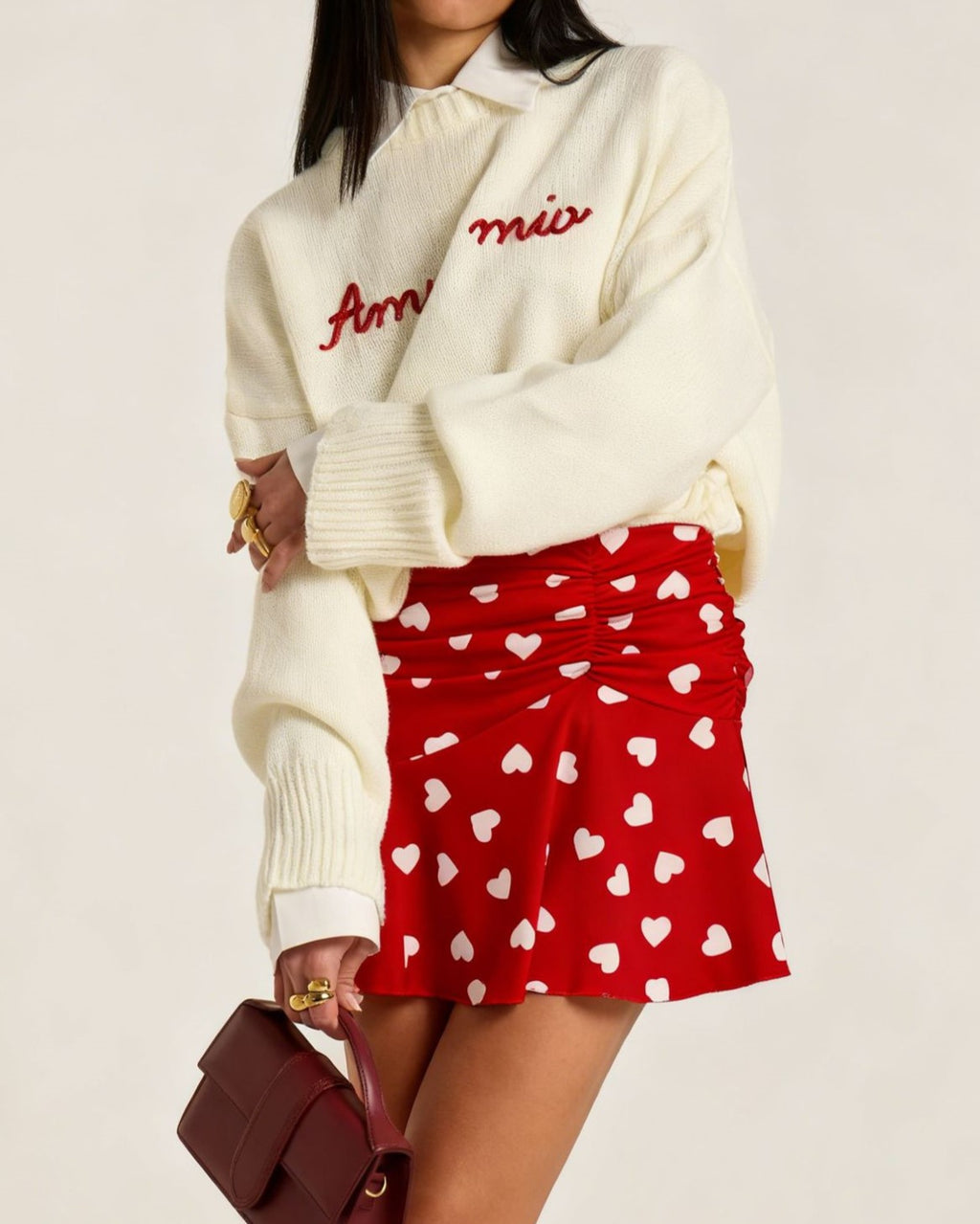 Heart Print Ruched Ruffle Mini Skirt - Red