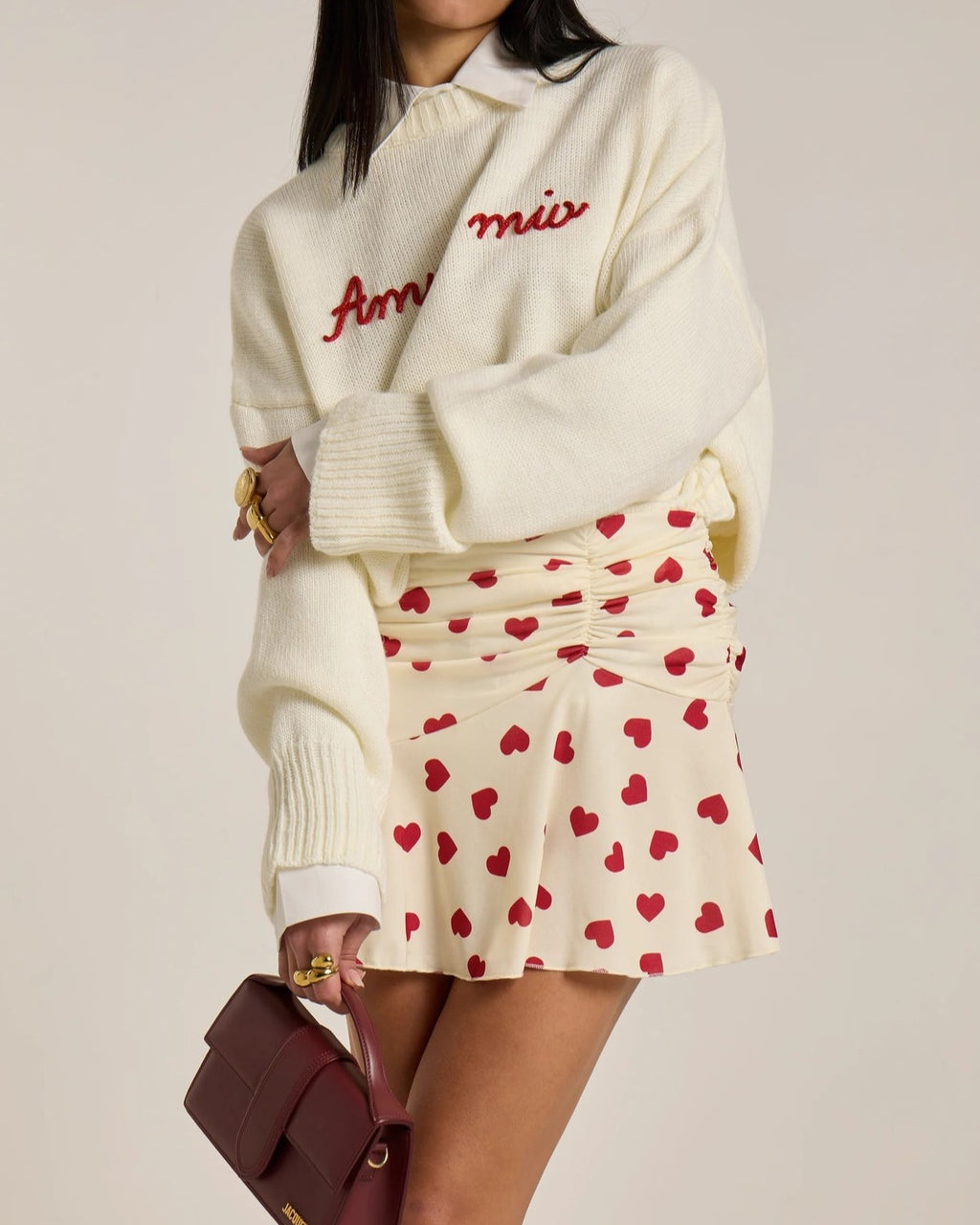 Heart Print Ruched Ruffle Mini Skirt - White