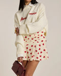 Heart Print Ruched Ruffle Mini Skirt - White